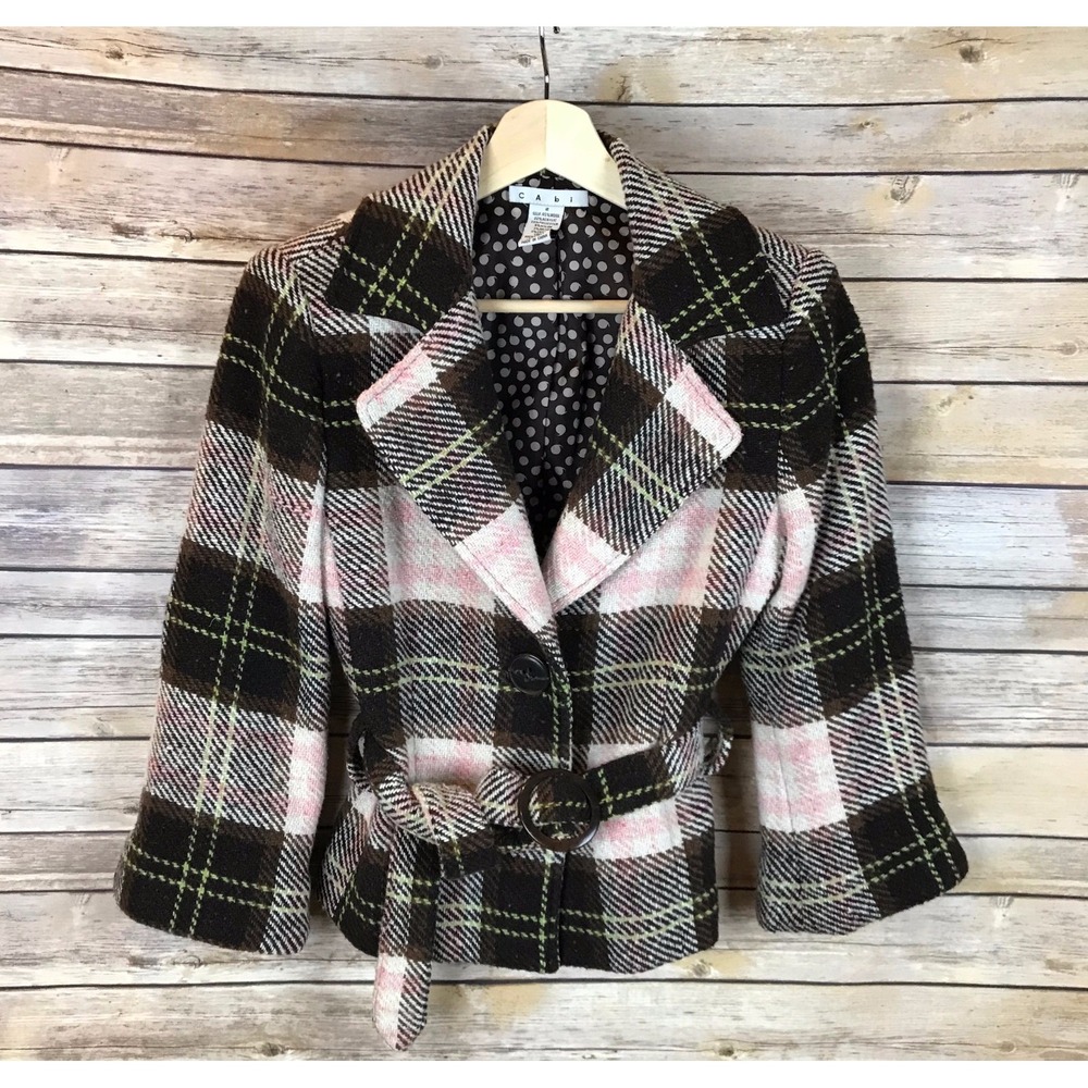 CAbi Kate Plaid Belted Wool Blend Jacket Pink Brown Ivory Tweed Coat 730 Sz 2